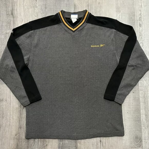 Reebok Tops - Vtg Reebok Athletic Black/Grey Long Sleeve Y2K V Neck Cotton Knit Mens Shirt